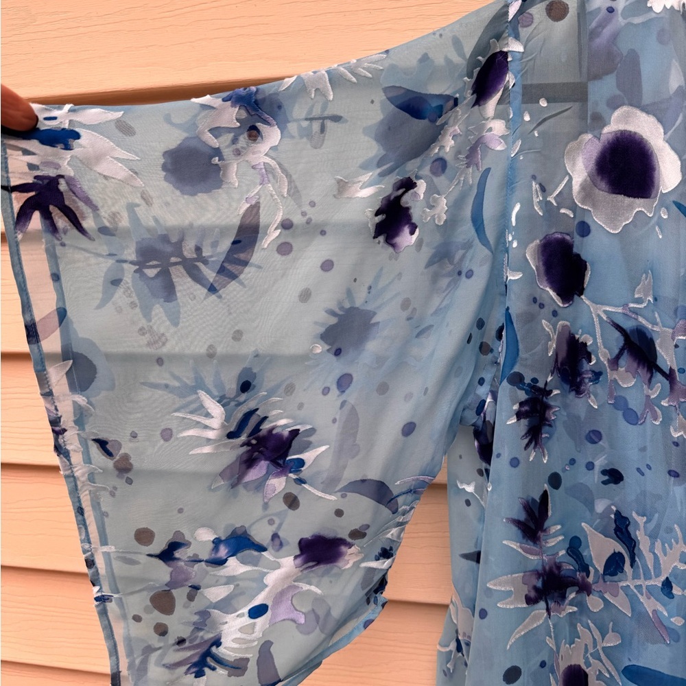 2Piece Set Blue Silk Floral Dress Sheer Overlay Sz Large NWT layered hem - Picture 5 of 16